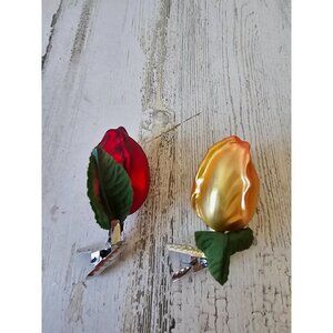 Vintage radko ? glass rose clip ornament yellow red Xmas tree